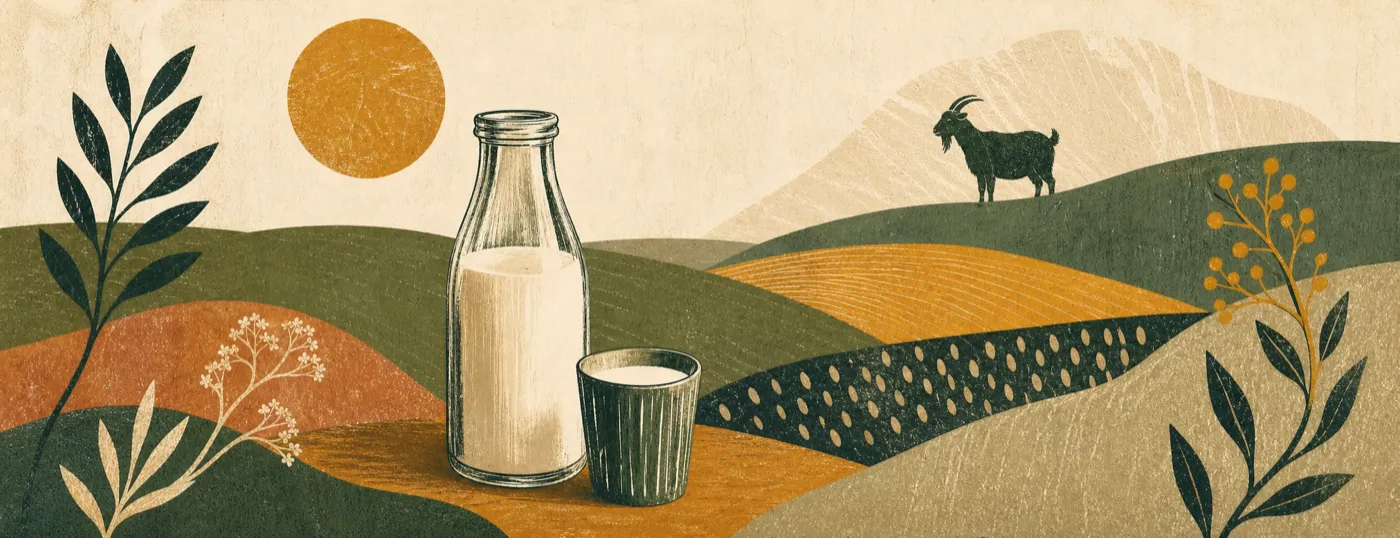 Illustrated fresh goat milk bottle with a goat and rolling farmland