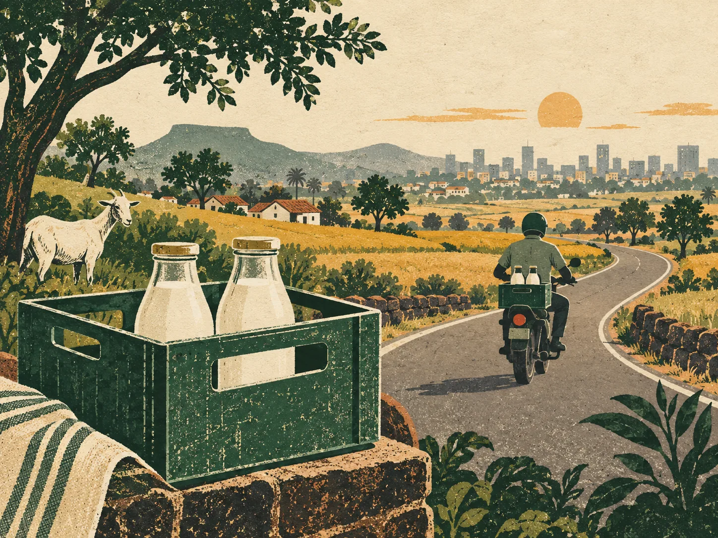 Illustration of fresh milk bottles beginning a local delivery journey towards Pune