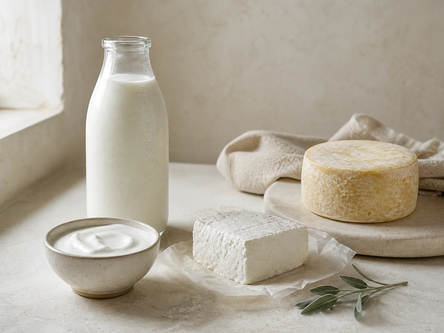 Fresh goat milk arranged in a warm small-batch dairy still life