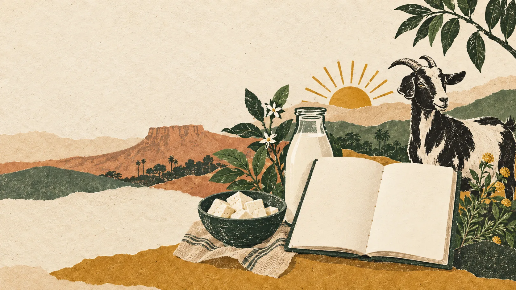 Illustrated open journal beside goat milk, paneer and a goat in a Deccan landscape
