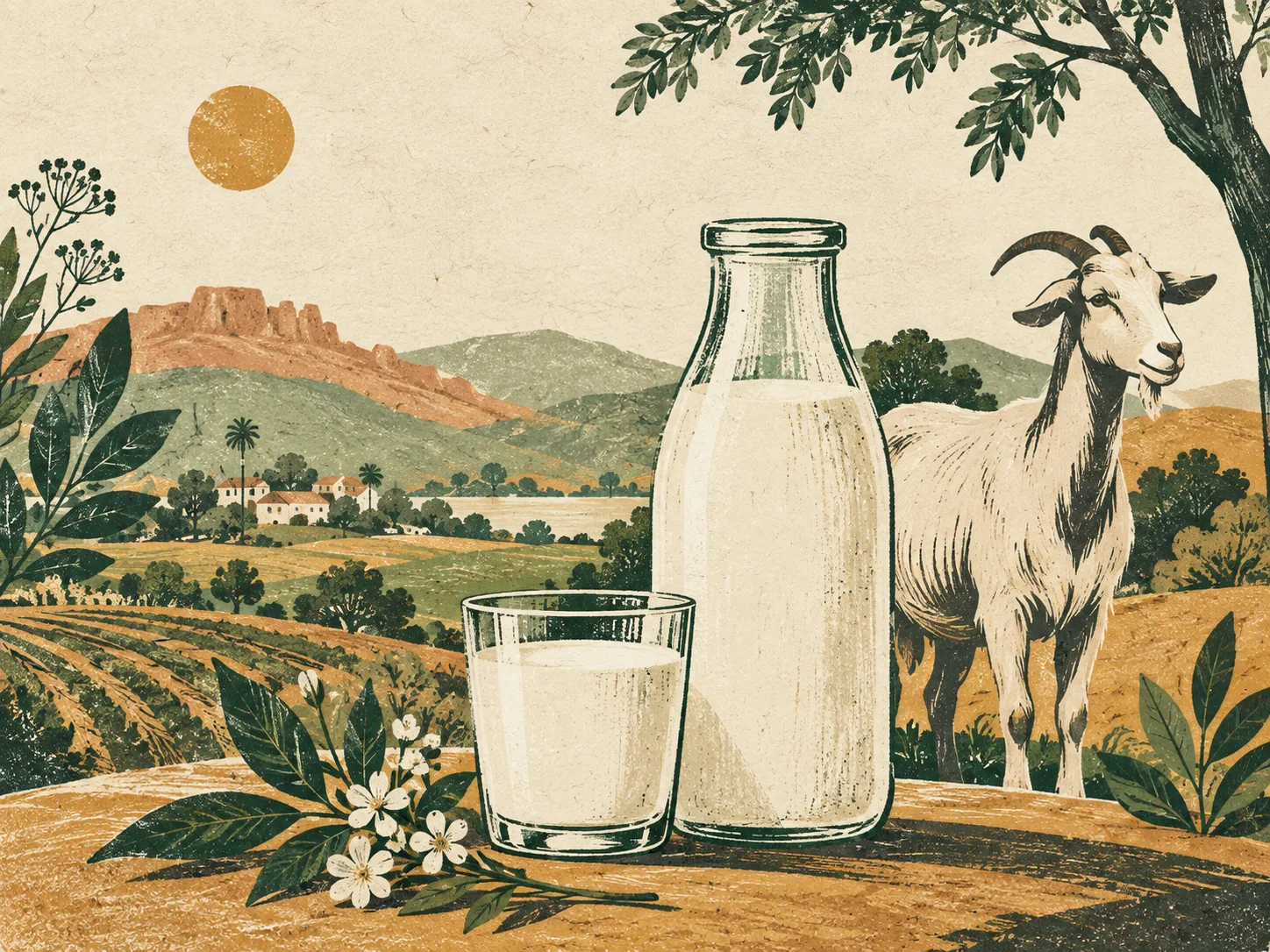 Illustration of goat milk, a drinking glass and a goat in a Deccan farm landscape