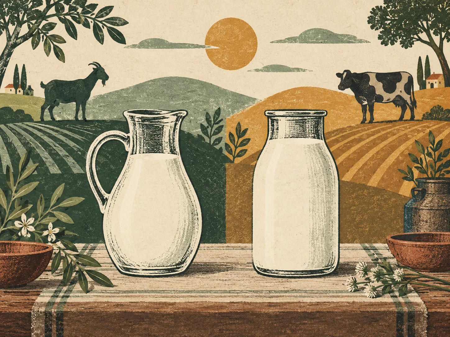 Balanced illustration of two milk vessels with a goat and cow in neighbouring fields