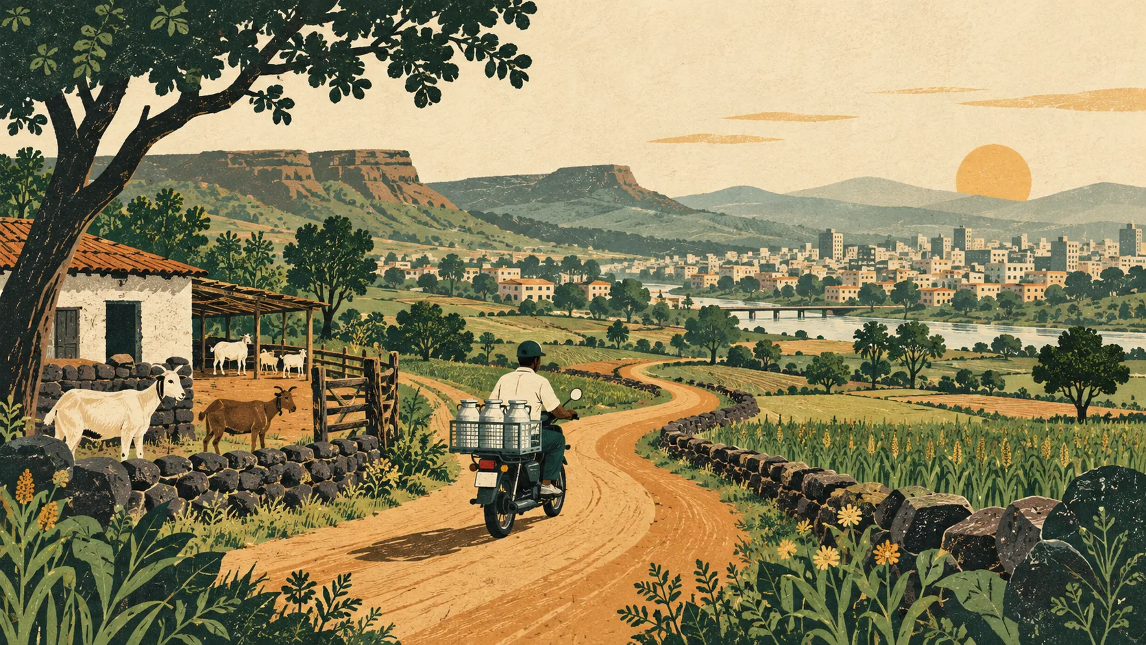Illustrated fresh goat milk delivery route connecting Kunjirwadi with Pune neighbourhoods