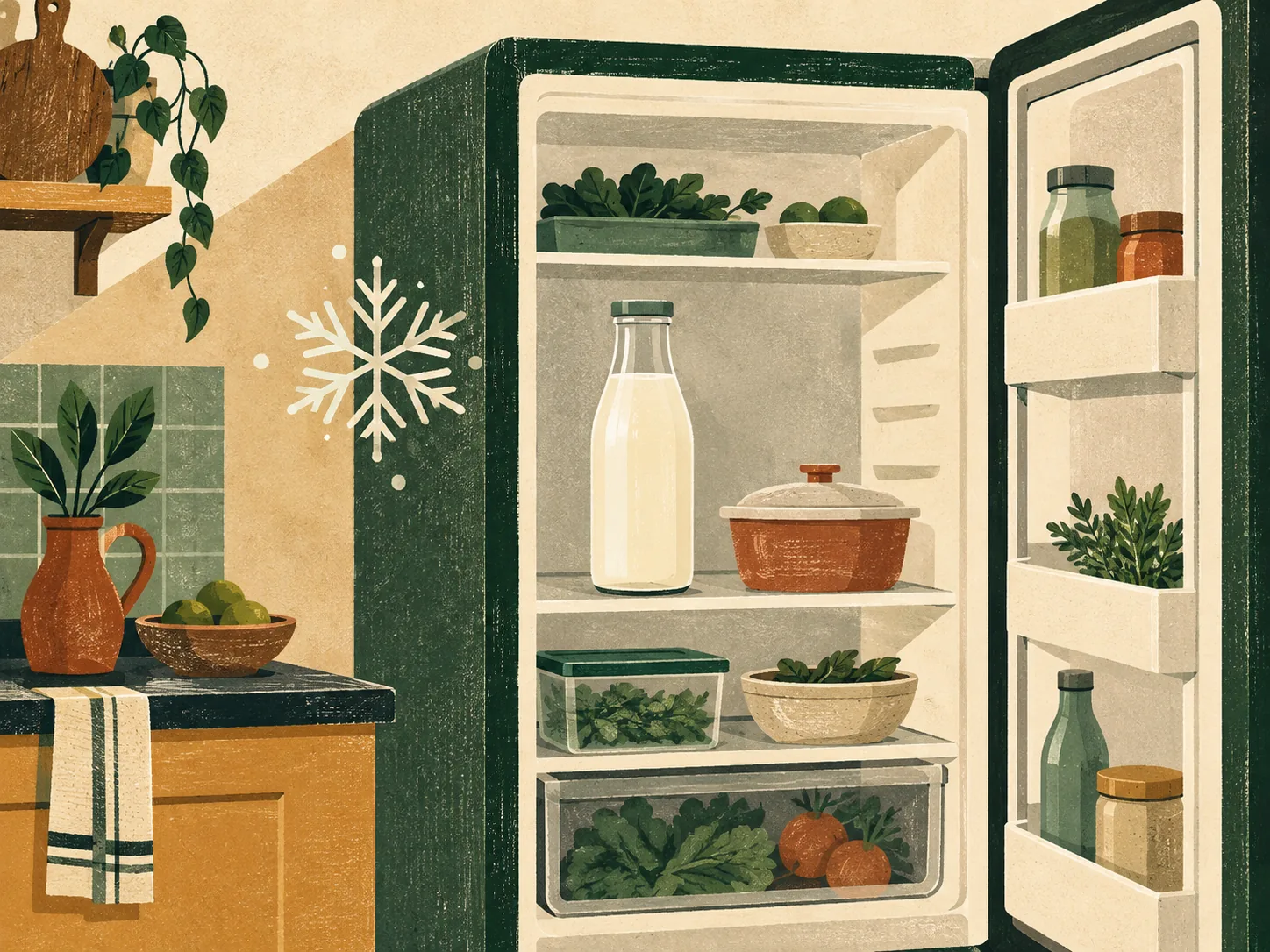 Illustration of an upright milk bottle stored neatly on a refrigerator shelf